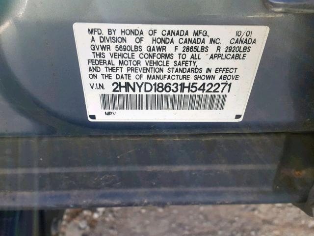 2HNYD18631H542271 - 2001 ACURA MDX TOURIN GRAY photo 10