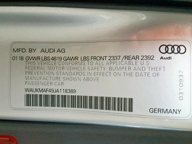 WAUKMAF49JA118389 - 2018 AUDI A4 ULTRA P SILVER photo 10