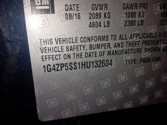 1G4ZP5SS1HU132604 - 2017 BUICK LACROSSE E BLACK photo 10