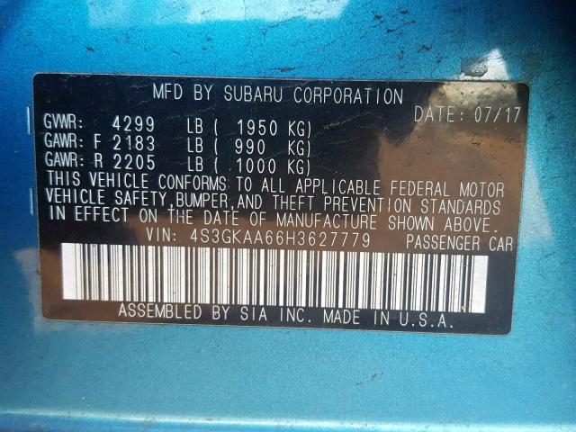 4S3GKAA66H3627779 - 2017 SUBARU IMPREZA BLUE photo 10