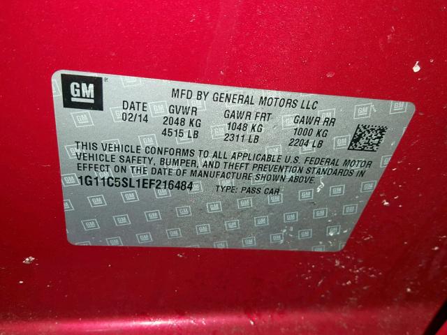 1G11C5SL1EF216484 - 2014 CHEVROLET MALIBU 1LT 红色 照片 10