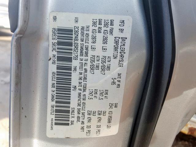 2C8GM48L65R521759 - 2005 CHRYSLER PACIFICA SILVER photo 10