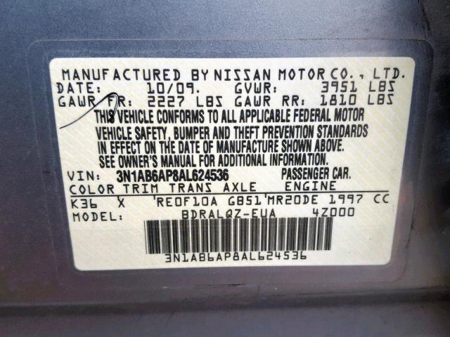 3N1AB6AP8AL624536 - 2010 NISSAN SENTRA 2.0 GRAY photo 10