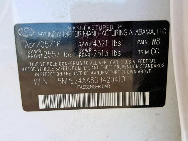 5NPE24AA8GH420410 - 2016 HYUNDAI SONATA ECO WHITE photo 10