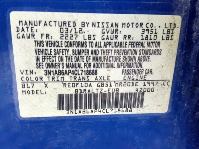 3N1AB6AP4CL718688 - 2012 NISSAN SENTRA 2.0 BLUE photo 10