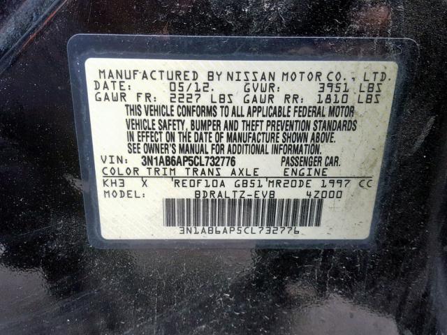 3N1AB6AP5CL732776 - 2012 NISSAN SENTRA 2.0 BLACK photo 10