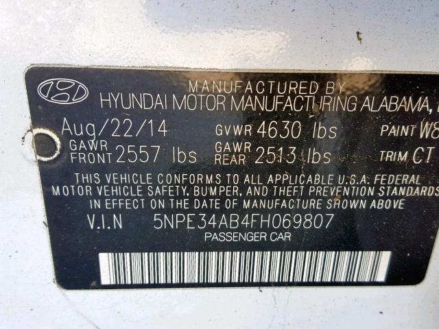 5NPE34AB4FH069807 - 2015 HYUNDAI SONATA SPO WHITE photo 10