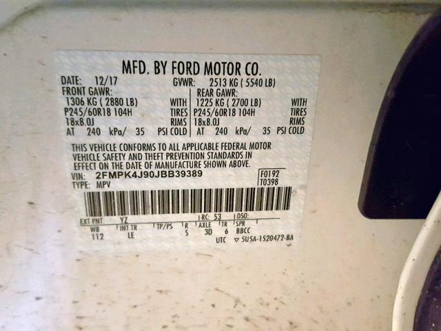 2FMPK4J90JBB39389 - 2018 FORD EDGE SEL WHITE photo 10