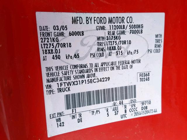 1FTWX31P15EC34239 - 2005 FORD F350 SRW S RED photo 10