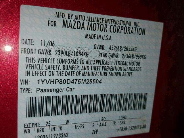 1YVHP80D475M25504 - 2007 MAZDA 6 S RED photo 10