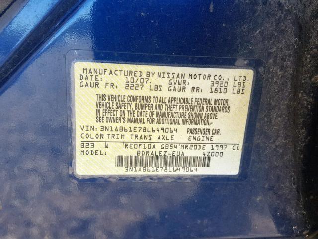 3N1AB61E78L649064 - 2008 NISSAN SENTRA 2.0 BLUE photo 10