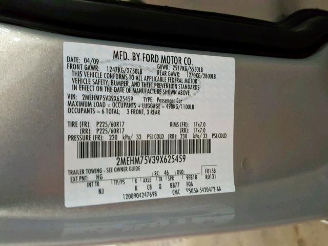 2MEHM75V39X625459 - 2009 MERCURY GRAND MARQ TAN photo 10