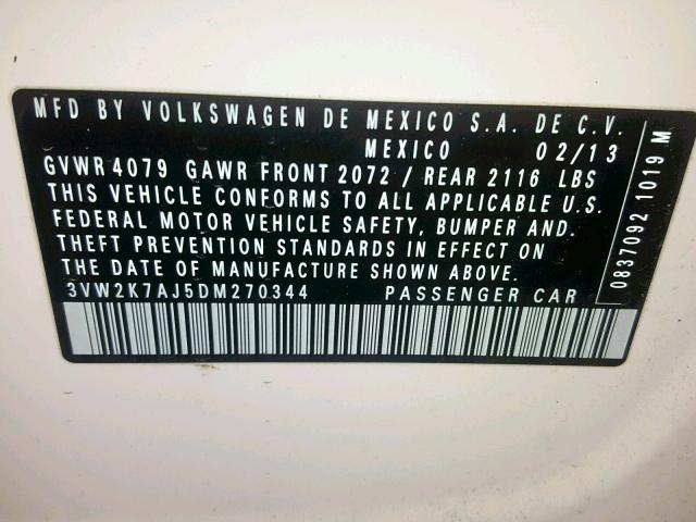 3VW2K7AJ5DM270344 - 2013 VOLKSWAGEN JETTA BASE Սպիտակ լուսանկար 10