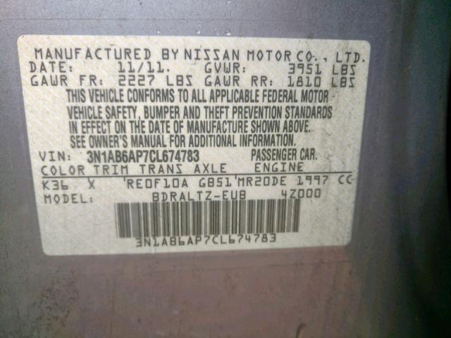 3N1AB6AP7CL674783 - 2012 NISSAN SENTRA 2.0 GRAY photo 10