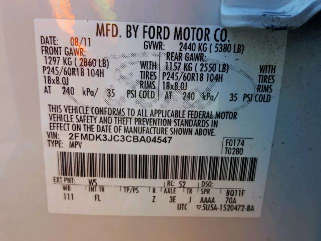 2FMDK3JC3CBA04547 - 2012 FORD EDGE SEL WHITE photo 10