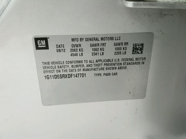 1G11D5SRXDF147701 - 2013 CHEVROLET MALIBU 1LT ვერცხლისფერი ფოტო 10