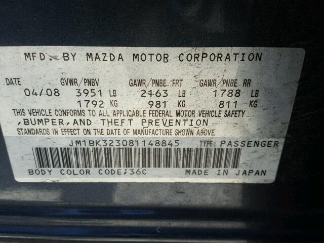 JM1BK323081148845 - 2008 MAZDA 3 S GRAY photo 10