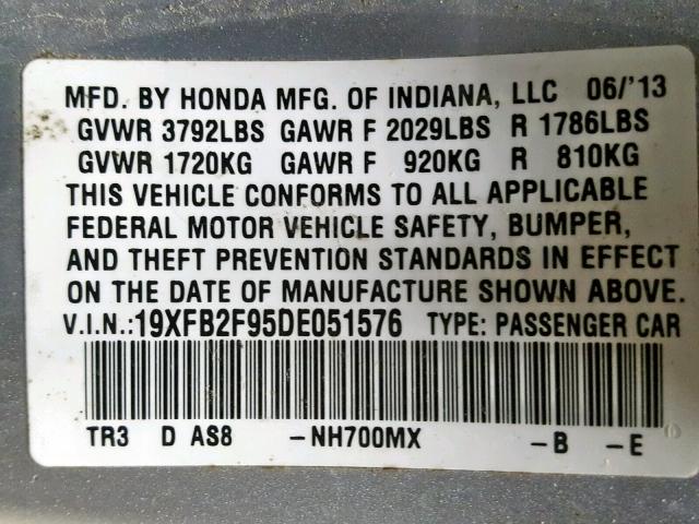 19XFB2F95DE051576 - 2013 HONDA CIVIC EXL SILVER photo 10