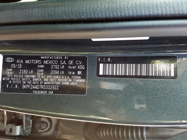 3KPF24AD7KE032922 - 2019 KIA FORTE FE GRAY photo 10