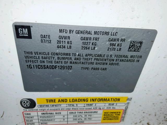 1G11C5SA0DF129107 - 2013 CHEVROLET MALIBU 1LT 白色 照片 10