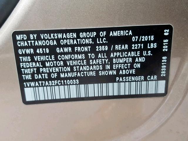 1VWAT7A32FC110033 - 2015 VOLKSWAGEN PASSAT S GRAY photo 10