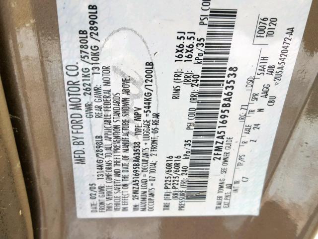 2FMZA51695BA63538 - 2005 FORD FREESTAR S GOLD photo 10