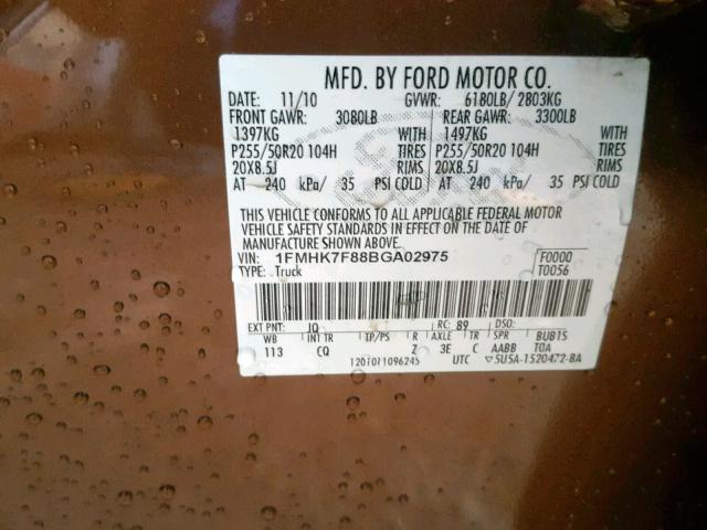 1FMHK7F88BGA02975 - 2011 FORD EXPLORER L BROWN photo 10