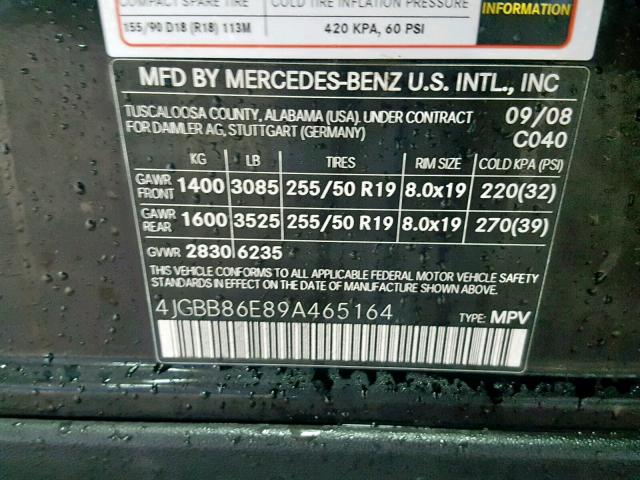 4JGBB86E89A465164 - 2009 MERCEDES-BENZ ML 350 BLACK photo 10