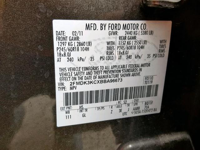 2FMDK3KCXBBA96673 - 2011 FORD EDGE LIMIT BROWN photo 10