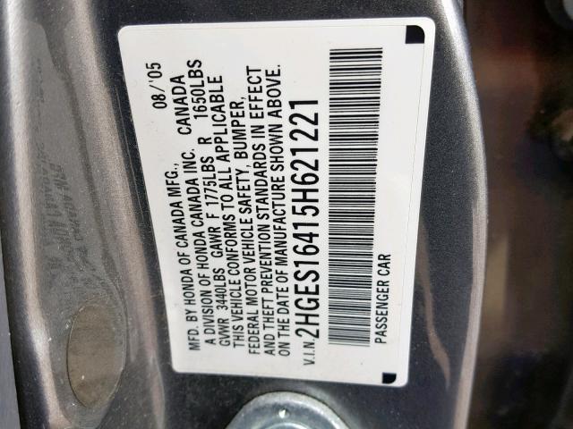 2HGES16415H621221 - 2005 HONDA CIVIC DX GRAY photo 10