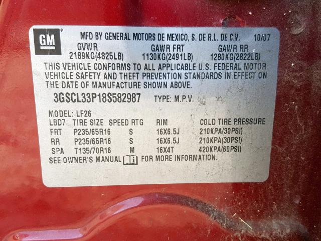 3GSCL33P18S582987 - 2008 SATURN VUE XE RED photo 10