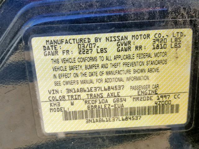 3N1AB61E37L684537 - 2007 NISSAN SENTRA 2.0 BLACK photo 10