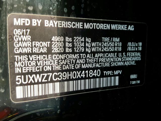 5UXWZ7C39H0X41840 - 2017 BMW X3 SDRIVE2 BLACK photo 10