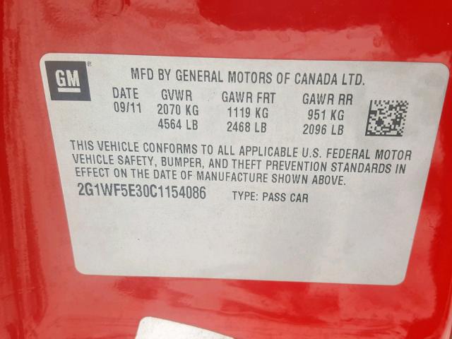 2G1WF5E30C1154086 - 2012 CHEVROLET IMPALA LS RED photo 10