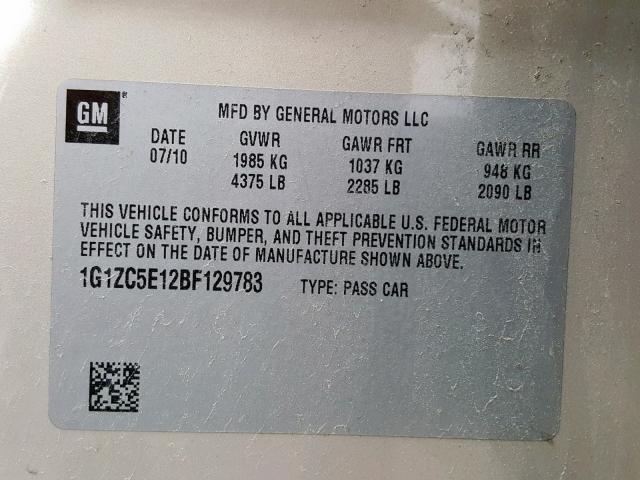 1G1ZC5E12BF129783 - 2011 CHEVROLET MALIBU 1LT GOLD photo 10