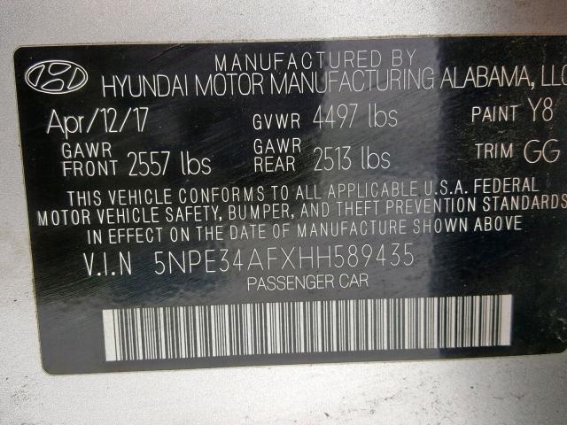 5NPE34AFXHH589435 - 2017 HYUNDAI SONATA SPO SILVER photo 10