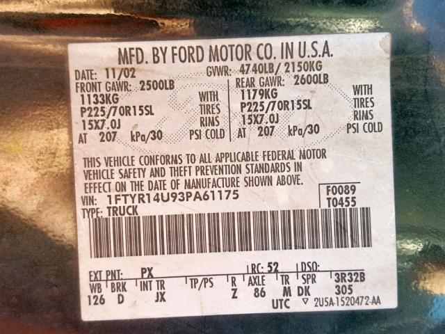 1FTYR14U93PA61175 - 2003 FORD RANGER SUP GREEN photo 10