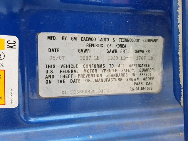 KL1TD66668B010412 - 2008 CHEVROLET AVEO BASE Mavi foto 10