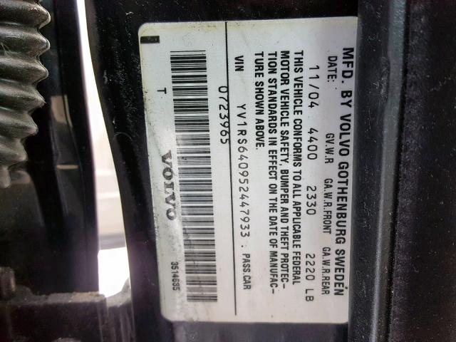 YV1RS640952447933 - 2005 VOLVO S60 BLACK photo 10