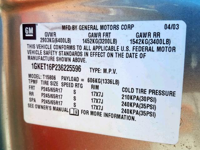 1GKET16P236225596 - 2003 GMC ENVOY XL TAN photo 10