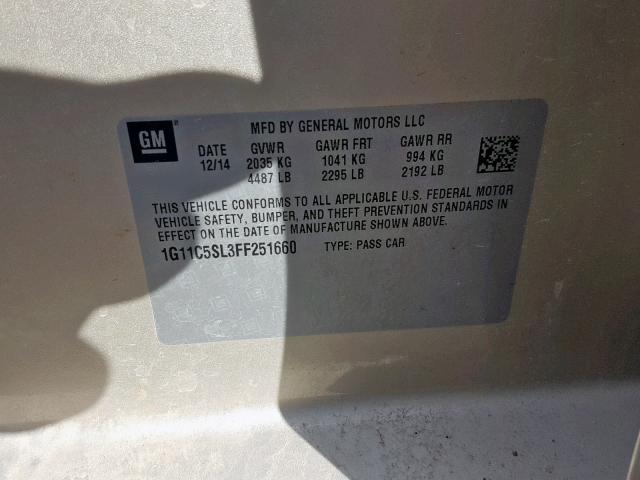 1G11C5SL3FF251660 - 2015 CHEVROLET MALIBU 1LT 金色 照片 10