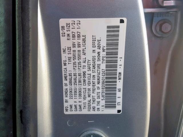 5J8TB18208A014247 - 2008 ACURA RDX SILVER photo 10