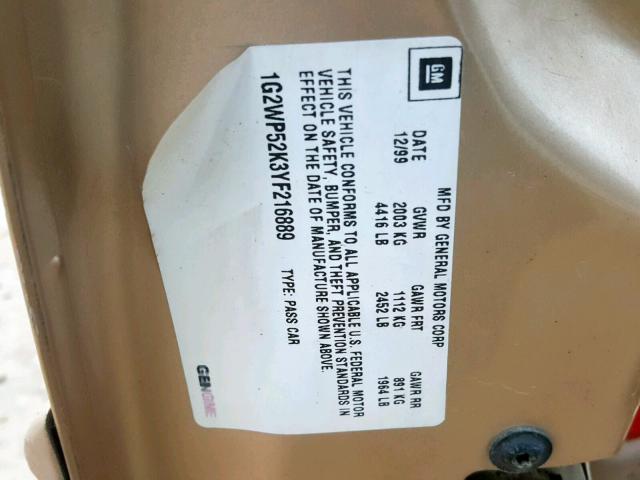 1G2WP52K3YF216889 - 2000 PONTIAC GRAND PRIX GOLD photo 10