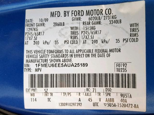 1FMEU6EE5AUA25189 - 2010 FORD EXPLORER E BLUE photo 10