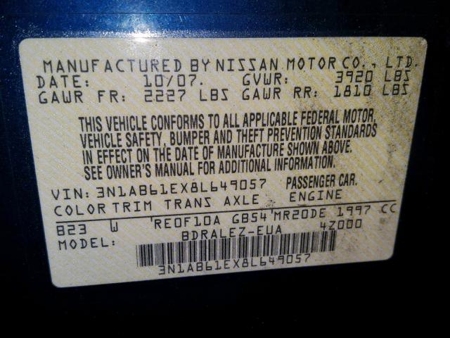 3N1AB61EX8L649057 - 2008 NISSAN SENTRA 2.0 BLUE photo 10