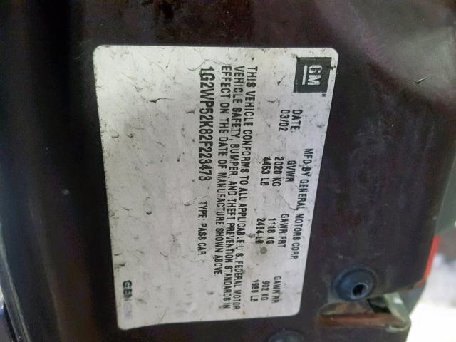 1G2WP52K72F169258 - 2002 PONTIAC GRAND PRIX PURPLE photo 10