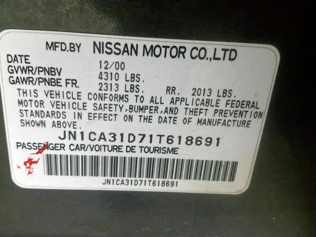 JN1CA31D71T618691 - 2001 NISSAN MAXIMA GXE CHARCOAL photo 10