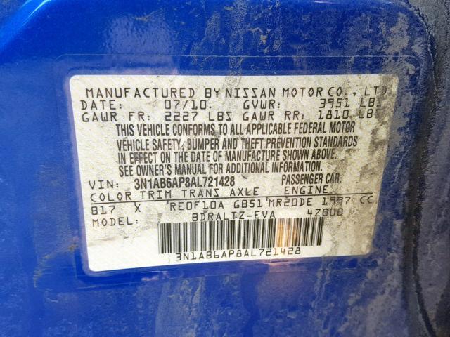 3N1AB6AP8AL721428 - 2010 NISSAN SENTRA 2.0 BLUE photo 10