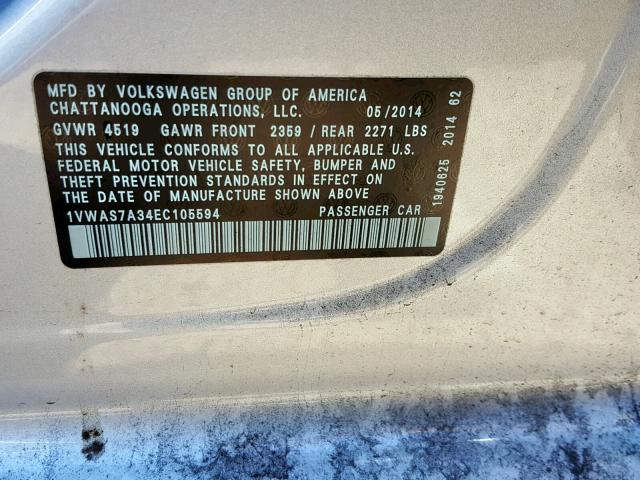 1VWAS7A34EC105594 - 2014 VOLKSWAGEN PASSAT S SILVER photo 10