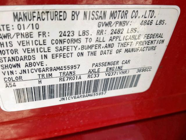 JN1CV6AR9AM455957 - 2010 INFINITI G37 RED photo 10